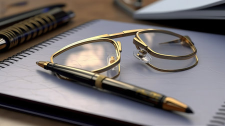 A photo of a pen and glasses on a book Generative AIの素材