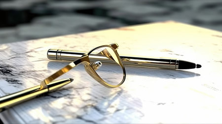 A photo of a pen and glasses on a book Generative AIの素材