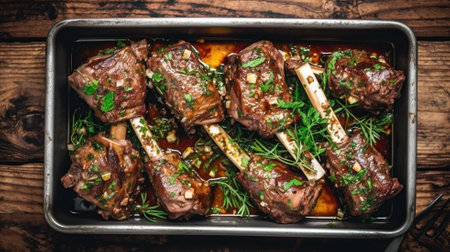 Homemade braised lamb shanks with sauce and herbs Generative AIの素材
