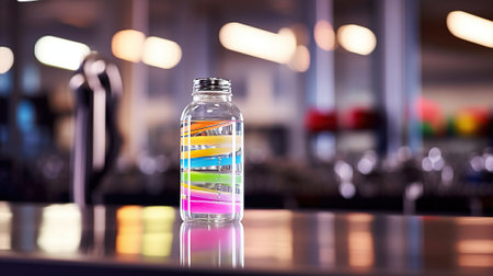 In a bustling gym, a shaker bottle filled with a potent energy-boosting mixture sits on a stainless steel counter Generative AIの素材