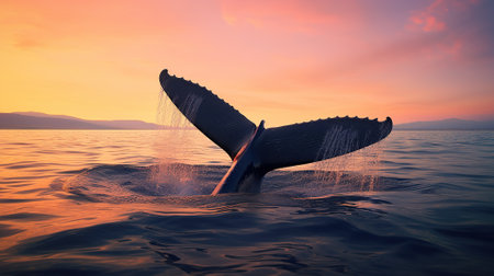 Photo of a blue whale tail over water in the sea at sunset Generative AIの素材