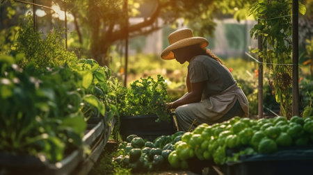 woman picking vegetables from the garden Generative AIの素材