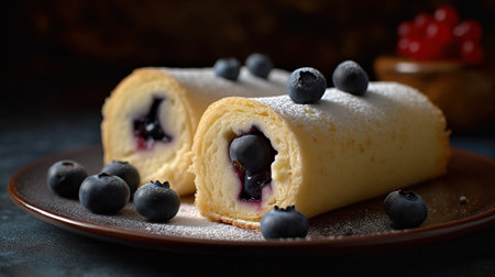 Sponge Cake Rolls with Ice Cream and Blueberries Generative AIの素材