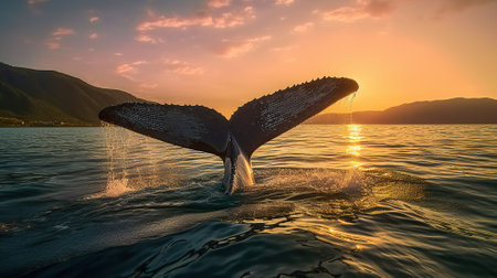 Photo of a blue whale tail over water in the sea at sunset Generative AIの素材