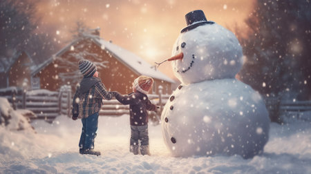 two happy children are playing with a Big snowmen Generative AIの素材