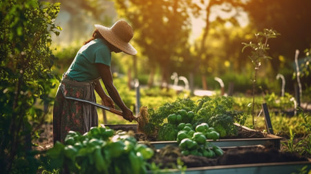 woman picking vegetables from the garden Generative AIの素材