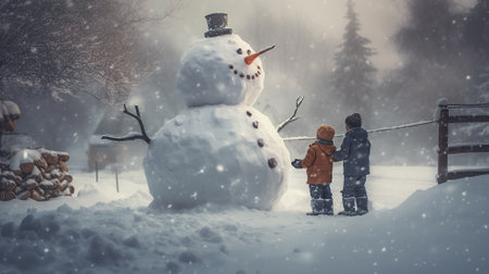 two happy children are playing with a Big snowmen Generative AIの素材