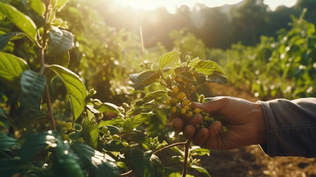 Hand holding coffee plant in the field and sunlightの素材