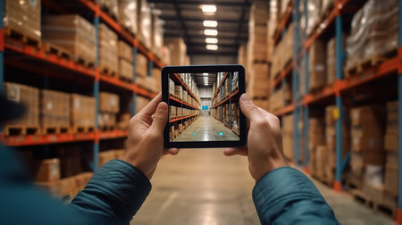 Hands of engineer using a tablet in a logistics centerの素材