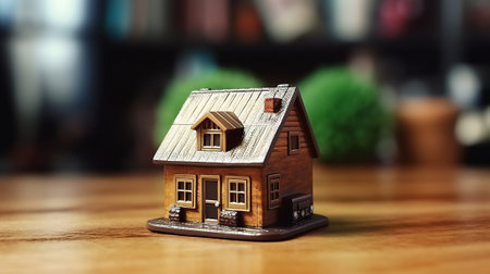 House model on wood table. Real estate agent offer house, property insurance and security, affordable housing conceptsの素材