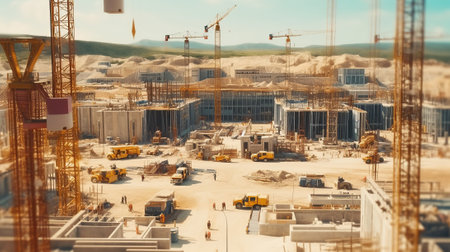 Large construction site including several cranesの素材