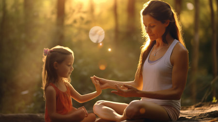 Mother and daughter practicing yoga in the forest at sunset. Healthy lifestyle concept.の素材