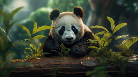 A giant panda is sitting on a log in the forest.の素材