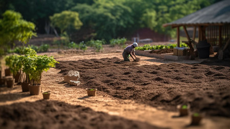 Farmer planting seedlings in the garden. Selective focus.の素材