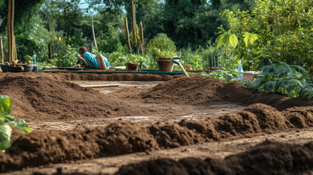 Woman working in the garden on a summer day. Selective focus.の素材