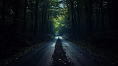 Mysterious dark forest road with light coming through the trees.の素材