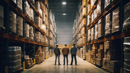 Rear view of diverse warehouse workers standing together in warehouse. This is a freight transportation and distribution warehouse. Industrial and industrial workers conceptの素材