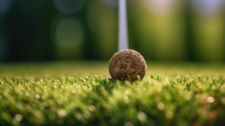 Golf ball on green grass with blurred background, selective focus.の素材