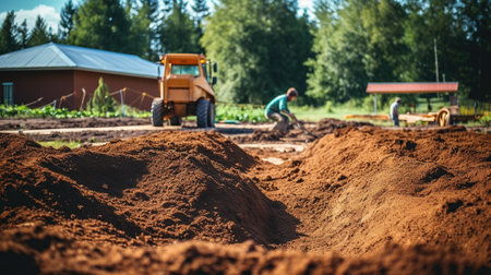 Worker digs the ground in the garden. Selective focus. nature.の素材