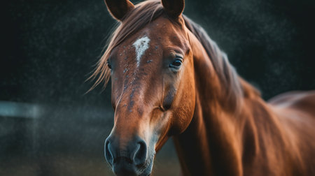 Close up portrait of a bay horse in the paddock on a rainy dayの素材