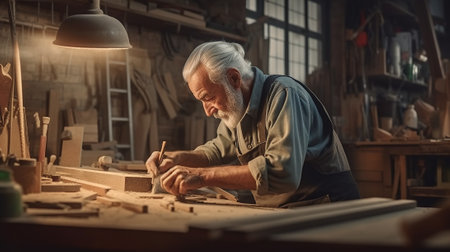 Carpenter working on his craft in his workshop, he is using a wooden planeの素材
