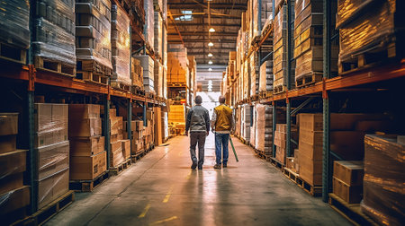 Rear view of man and woman walking in warehouse. This is a freight transportation and distribution warehouse. Industrial and industrial workers conceptの素材