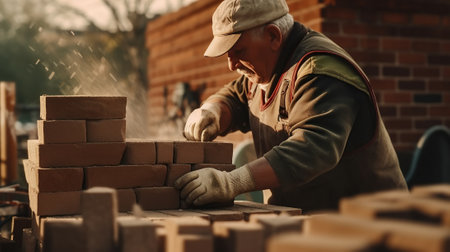 Senior craftsman working with bricks at construction site. Selective focus.の素材