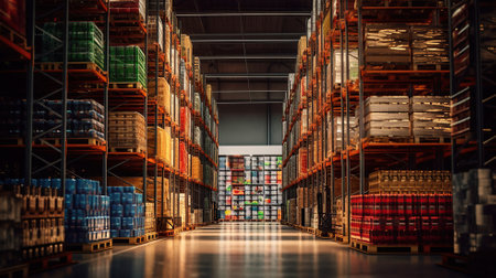 Huge distribution warehouse with high shelves Generative AIの素材