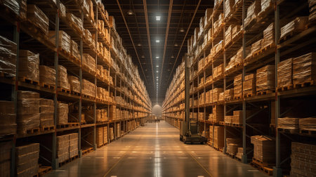 Huge distribution warehouse with high shelves Generative AIの素材