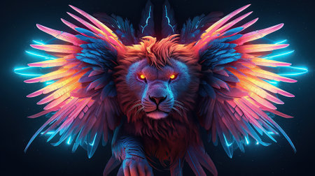 Character illustrations lion with wing fire and neon light Generative AIの素材