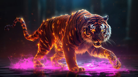 Character illustrations tiger with fire and neon light Generative AIの素材