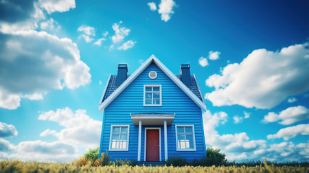 A blue house with a blue roof and a sky backgroundの素材
