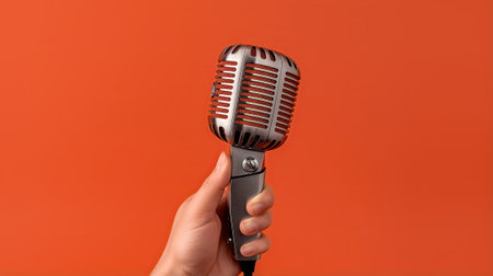 A hand holding a microphone, red - orange backgroundの素材
