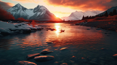 A beautiful sunset with mountains in the background and a lake with glacier water in the foreground Generative AIの素材