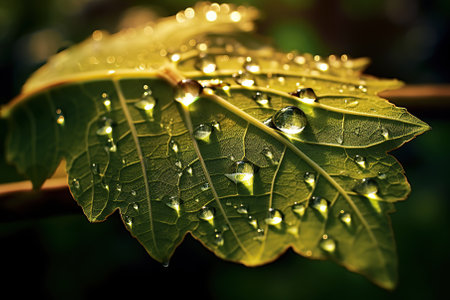 A mesmerizing close - up unveils the enchanting beauty of a single leaf adorned with morning dew Generative AIの素材