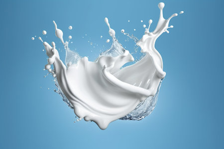 White milk or yogurt splash in wave shape isolated on blue background Generative AIの素材