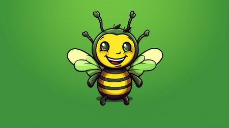 Bee cartoon sticker in green backgroundの素材