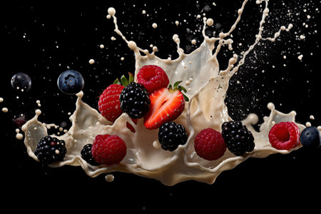 Mix berries milks splash on Black Background Generative AIの素材
