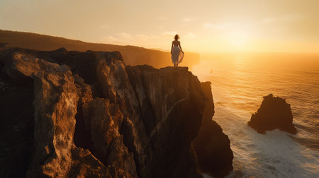 woman standing on top of cliff at sunset Generative AIの素材