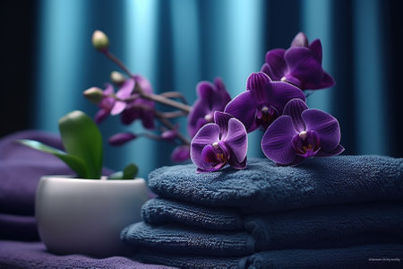 Spa towels and orchids, in the style of dark purple and dark gray Generative AIの素材