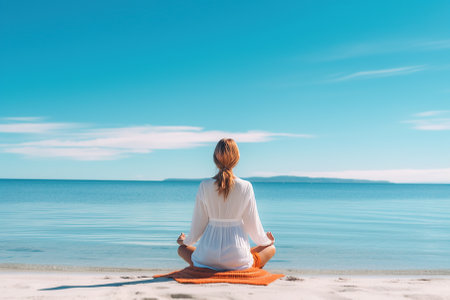 A white woman is meditating on the beach with water in front of her, in the style of photo Generative AIの素材
