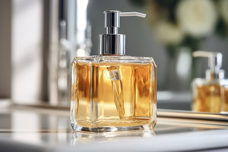 An eye - catching close - up of a clear glass soap dispenser, filled with luxurious liquid soap, adding a touch of elegance to the bathroom Generative AIの素材