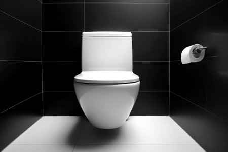 An eye - level close - up of a sleek, modern toilet, emphasizing its minimalist design and smooth lines Generative AIの素材