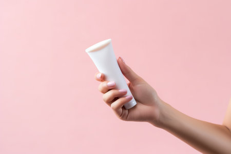 hand holding a [white cream tube], isolated on clean [pastel pink] background Generative AIの素材