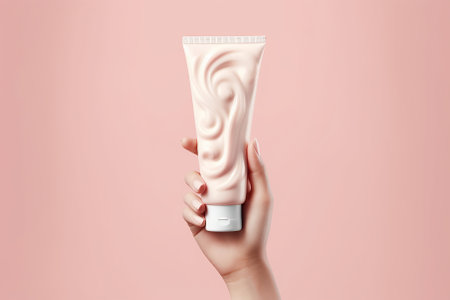 hand holding a [white cream tube], isolated on clean [pastel pink] background Generative AIの素材