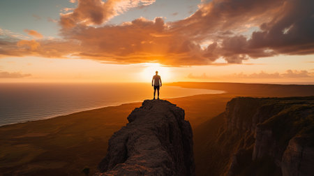 Man standing on top of cliff at sunset , back view or no face Generative AIの素材