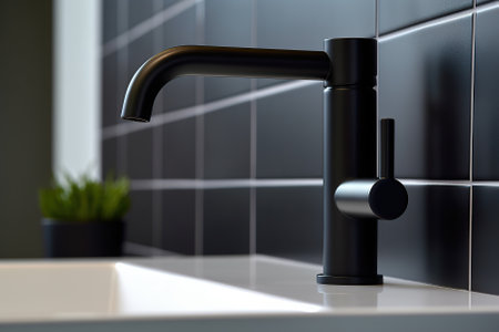A minimalist bathroom close - up featuring a sleek, matte black faucet with water droplets glistening Generative AIの素材