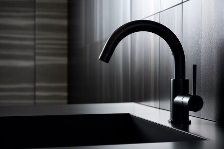 A minimalist bathroom close - up featuring a sleek, matte black faucet with water droplets glistening Generative AIの素材