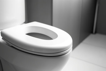 An eye - level close - up of a sleek, modern toilet, emphasizing its minimalist design and smooth lines Generative AIの素材