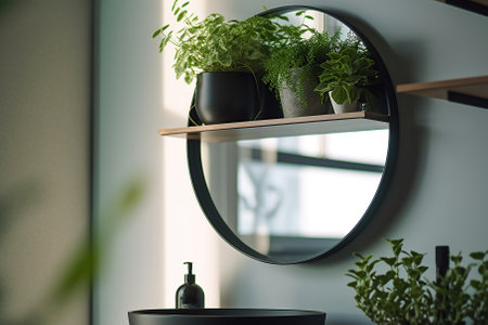 A closeup of a minimalist mirror reflecting a serene bathroom environment Generative AIの素材